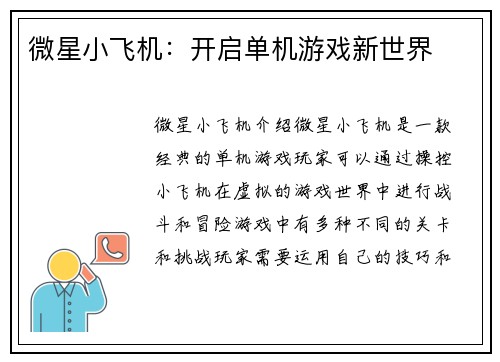 微星小飞机：开启单机游戏新世界